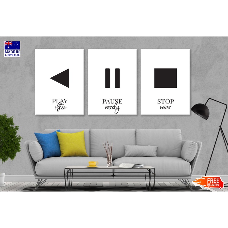 3 Set of Play Pause Stop B&W Wordings & Vector Arts Design High Quality Print 100% Australian Made Wall Canvas Ready to Hang