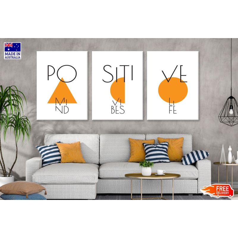 3 Set of Positive Mind , Vibes , Life Orange Shapes & B&W Wordings Design High Quality Print 100% Australian Made Wall Canvas Ready to Hang