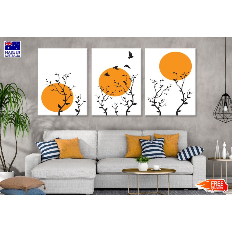 3 Set of Trees with birds & Sun Vector Art High Quality Print 100% Australian Made Wall Canvas Ready to Hang