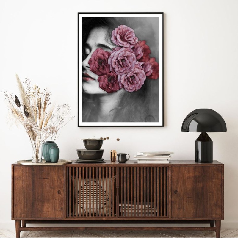 B&W Girl with Red & Pink Flowers Home Decor Premium Quality Poster Print Choose Your Sizes