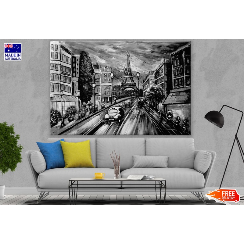Eiffel Tower & City B&W Painiting Print 100% Australian Made