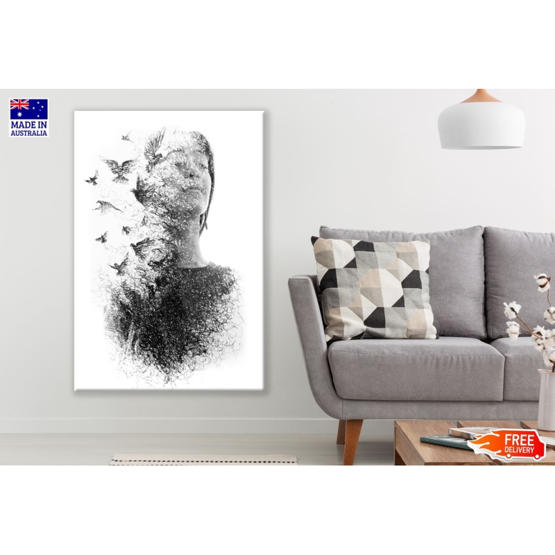 Face & Bird B&W Painting Print 100% Australian Made