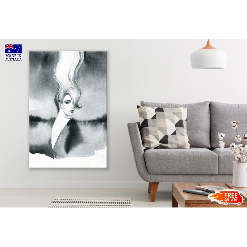 Fashion Woman with Long Hair B&W Watercolor Painting Print 100% Australian Made