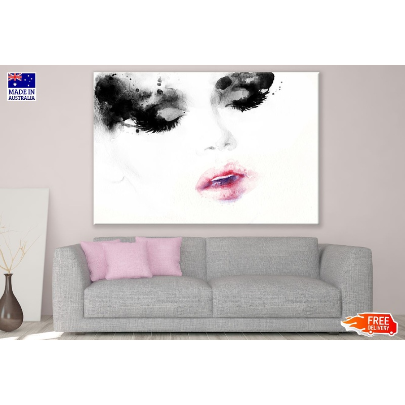 Girl Closeup Face with Red Lips B&W Watercolor Painting Print 100% Australian Made