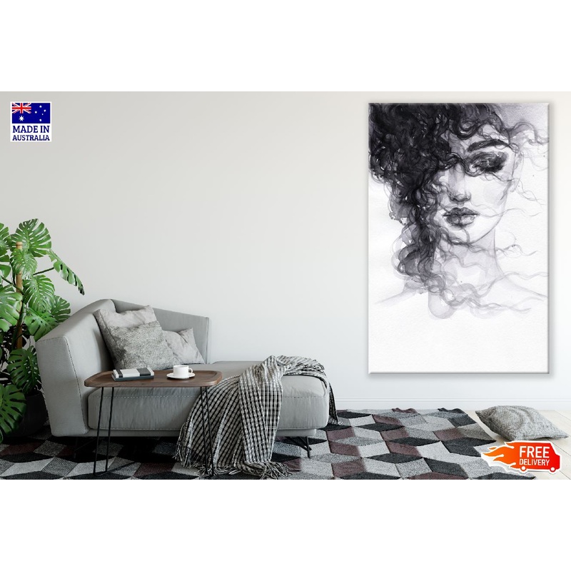 Girl Hair Waving by Wind B&W Watercolor Painting Print 100% Australian Made