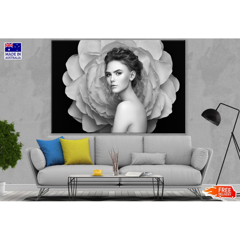 Girl Portrait & Flower B&W View Print 100% Australian Made