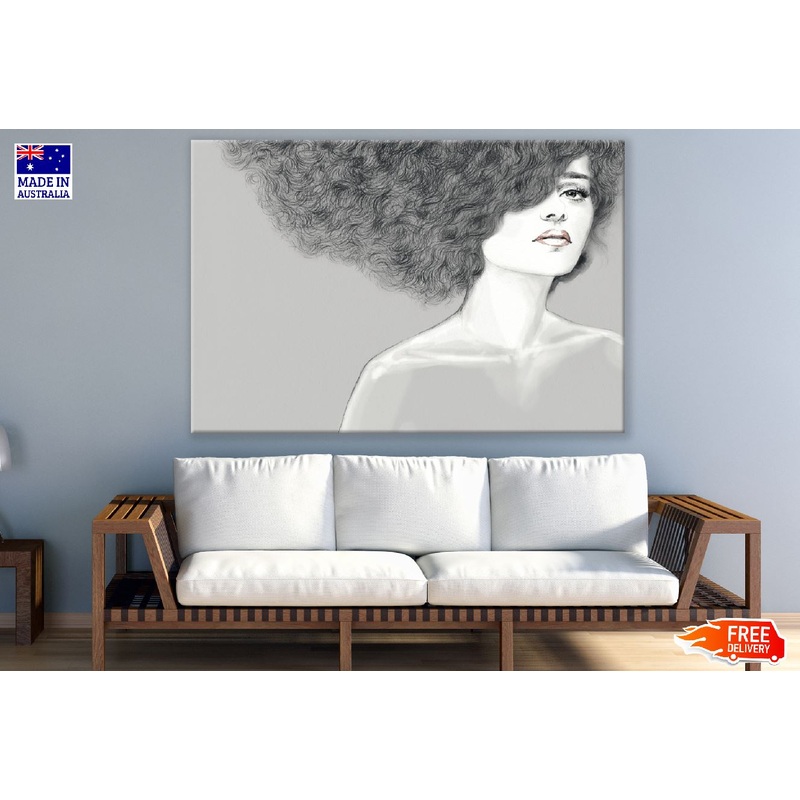 Girl With Long Black Hair B&W Watercolor Painting Print 100% Australian Made