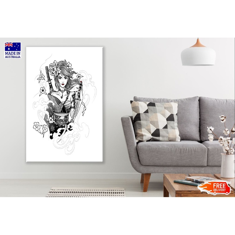 Japanese Woman Warrior with Katana in Hand B&W Digital Art Print 100% Australian Made