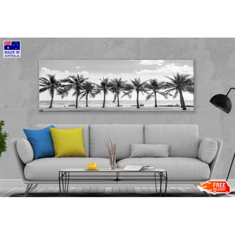 Panoramic Canvas Palm Trees B&W View High Quality 100% Australian Made Wall Canvas Print Ready to Hang
