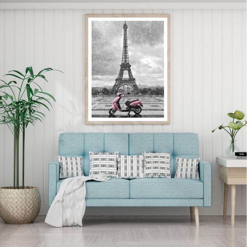 Pink Scooter & Eiffel Tower B&W Home Decor Premium Quality Poster Print Choose Your Sizes