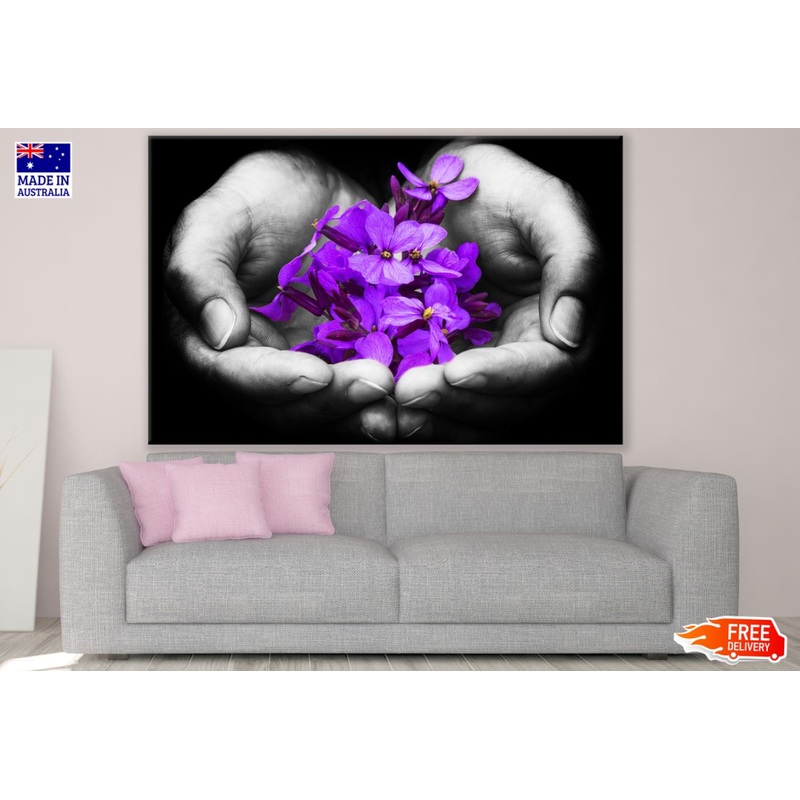 Purple Flowers on Hand B&W View Print 100% Australian Made