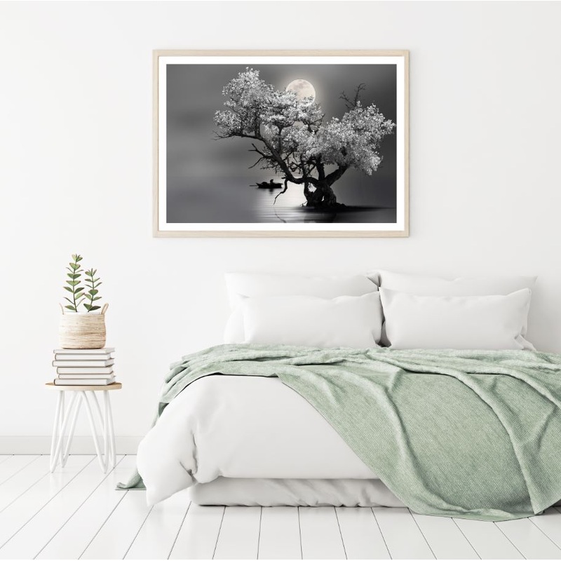 Tree & Boat on Lake B&W Scenery Photograph Home Decor Premium Quality Poster Print Choose Your Sizes