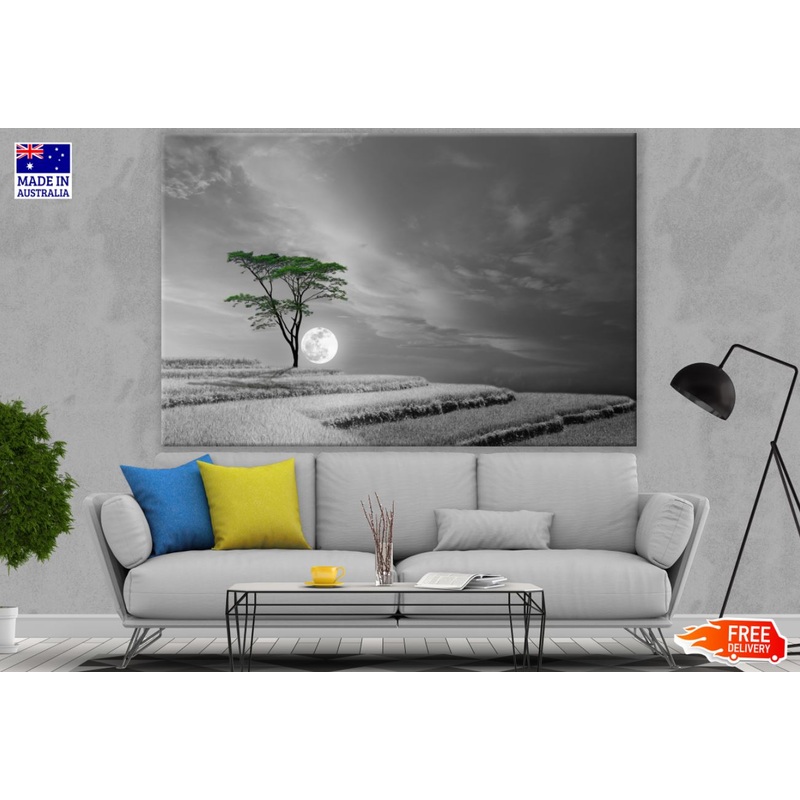 Tree on Hill B&W Moon Photograph Print 100% Australian Made