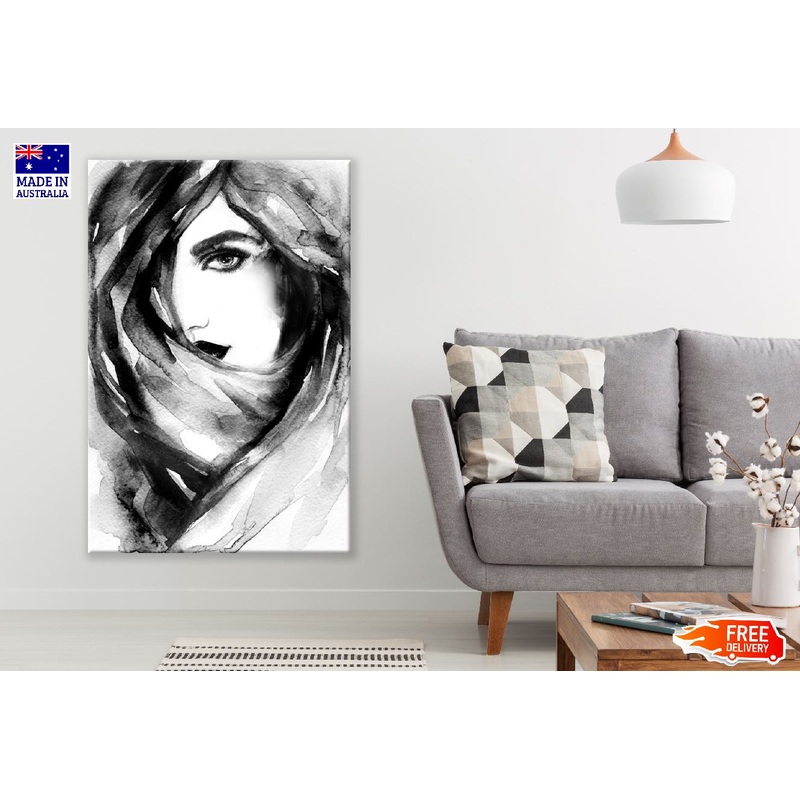Woman Face Hiding Her Face Behind a Veil B&W Watercolor Painting Print 100% Australian Made