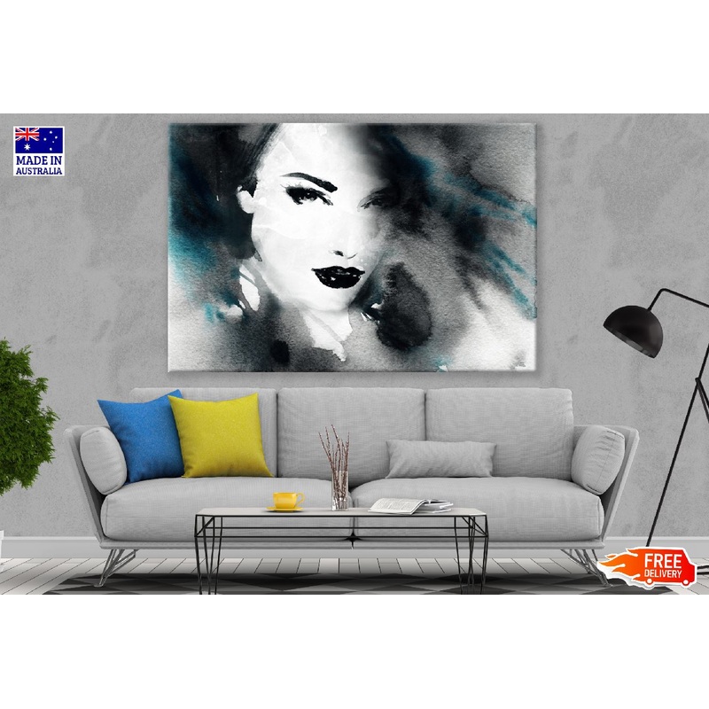 Woman Face with Black Lips B&W Watercolor Painting Print 100% Australian Made