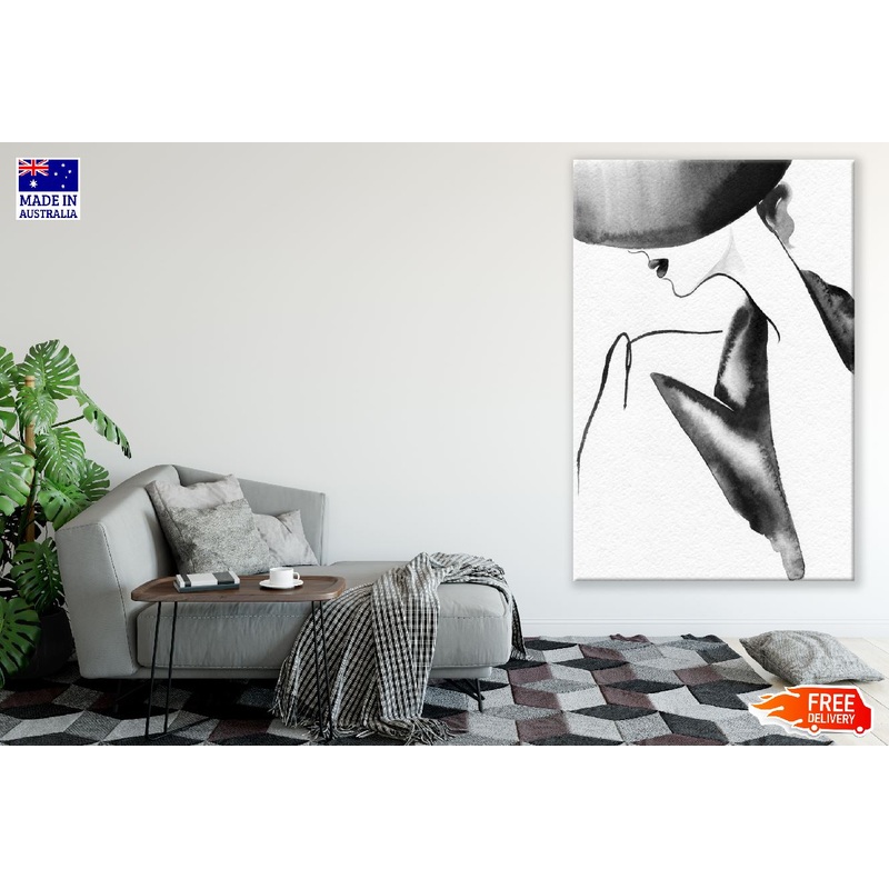 Woman with Hat B&W Watercolor Painting Print 100% Australian Made