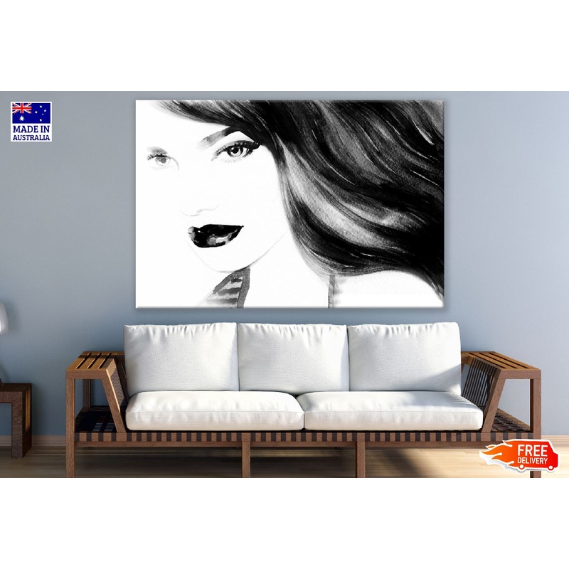 Young Girl Face Closeup B&W Watercolor Painting Print 100% Australian Made