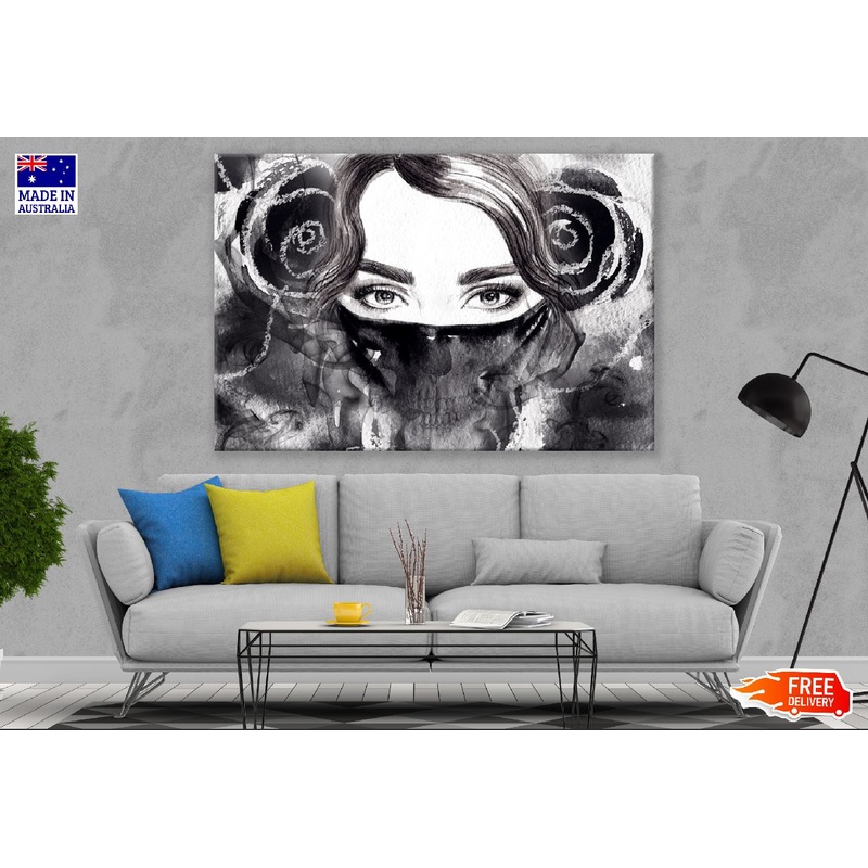 Young Girl With Mask B&W Watercolor Painting Print 100% Australian Made