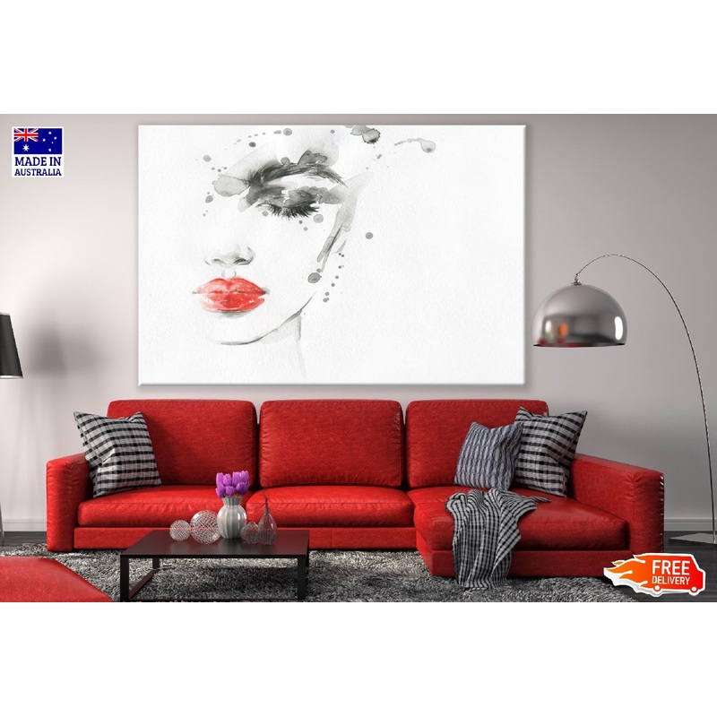 Beautiful Woman Face B&W Red Lips Watercolor Painting Print 100% Australian Made