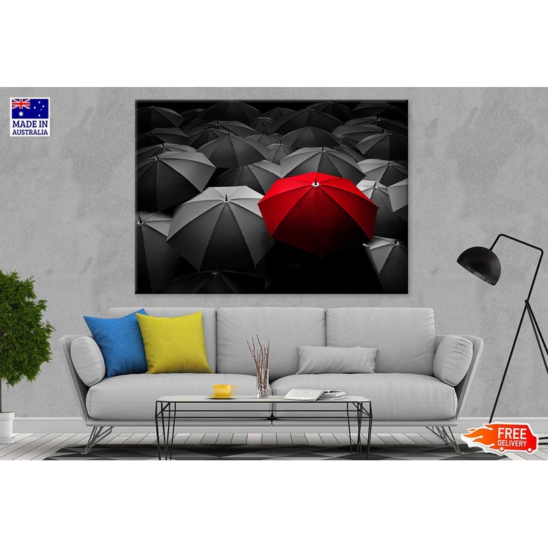 Black Umbrellas with Red B&W View Photograph Print 100% Australian Made