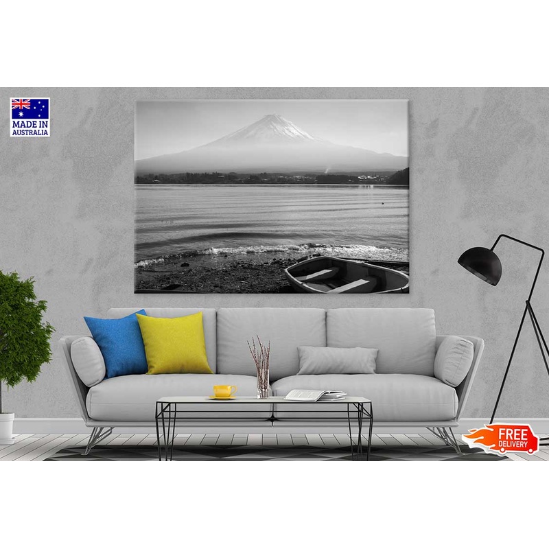 Boat Near Lake & Mountain B&W Photograph Print 100% Australian Made
