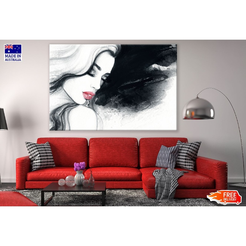 Fashion Woman Face with Red Lips B&W Watercolor Painting Print 100% Australian Made