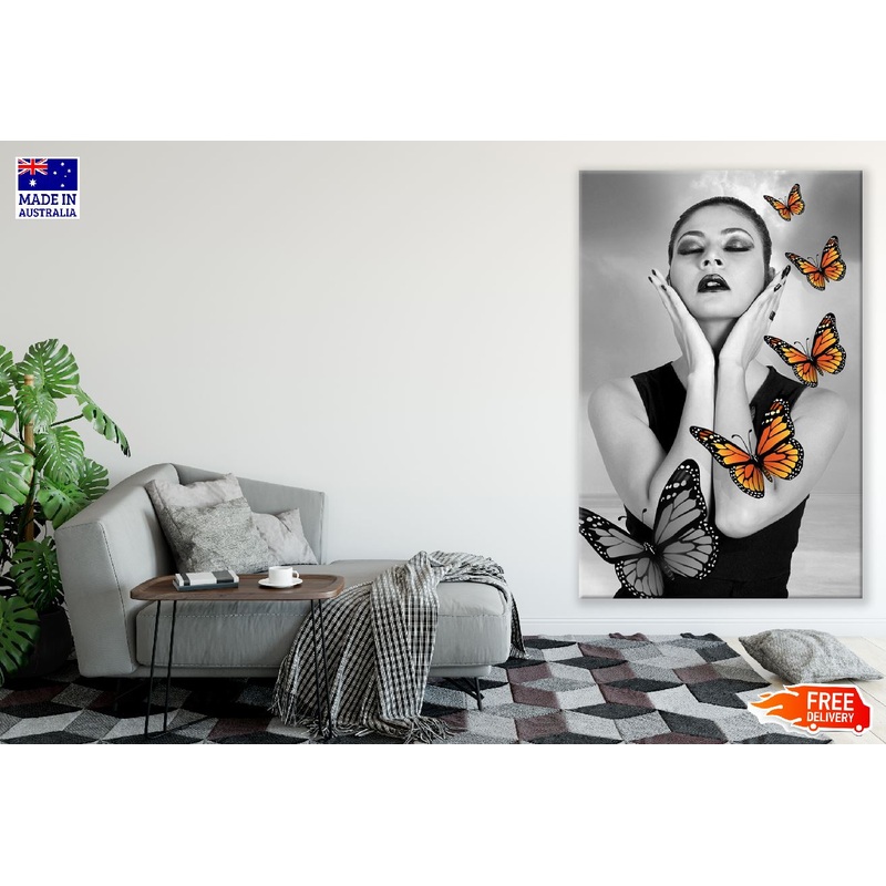 Fashion Woman with Butterflies B&W Digital Art Print 100% Australian Made