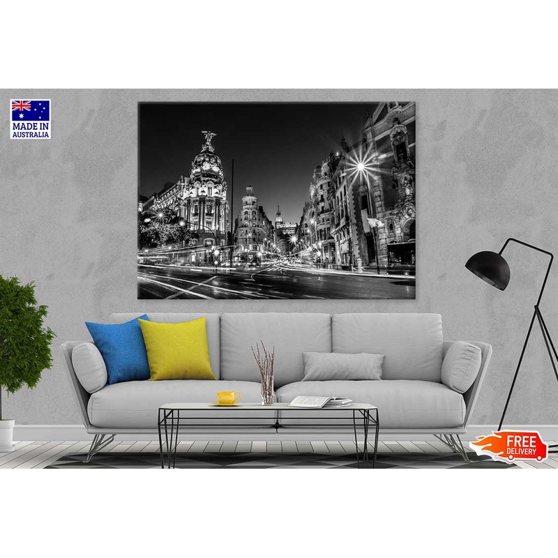 Madrid City Night B&W View Photograph Print 100% Australian Made