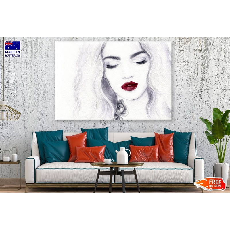 Makeup Woman Face with Red Lips B&W Watercolor Painting Print 100% Australian Made