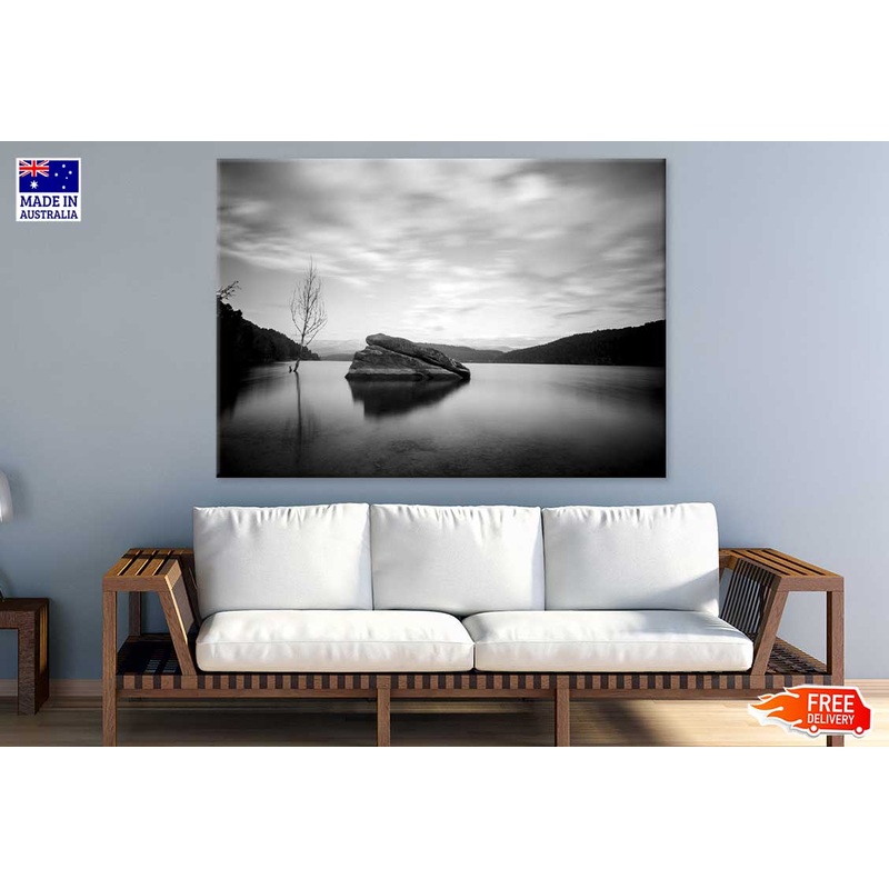 Rock on Lake with Mountains B&W View Photograph Print 100% Australian Made