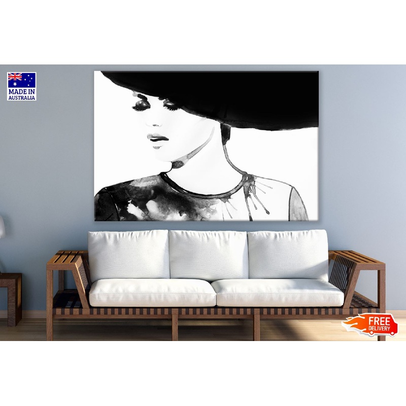 Woman Face with Hat B&W Watercolor Painting Print 100% Australian Made