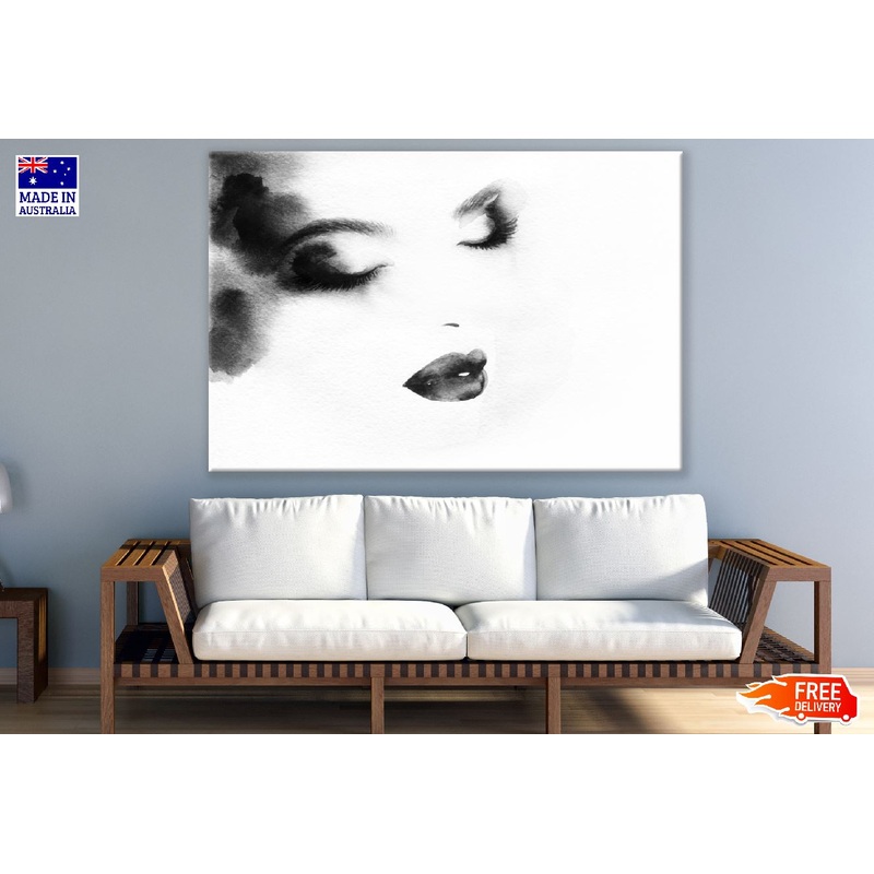 Young Girl Face with Black Lips B&W Watercolor Painting Print 100% Australian Made