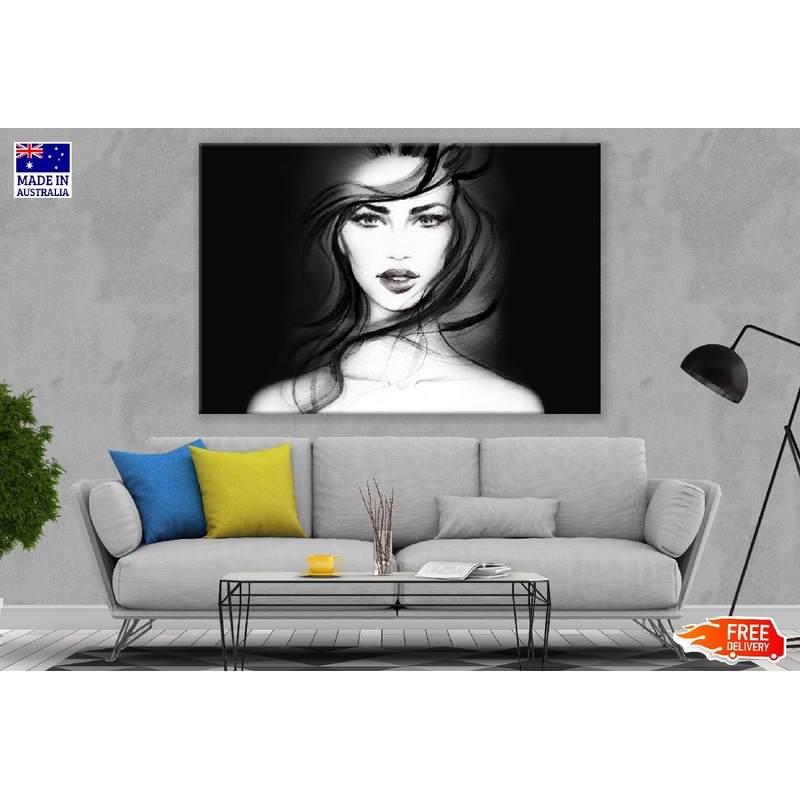 Young Woman Closeup Face B&W Watercolor Painting Print 100% Australian Made