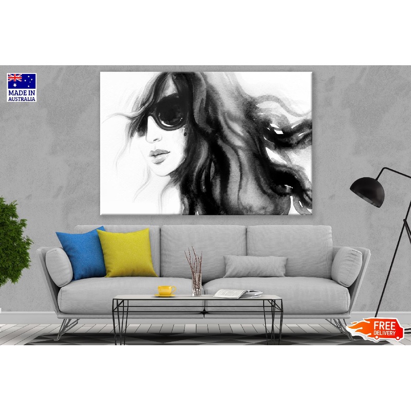 Young Women With Sunglasses & Long Hair B&W Watercolor Painting Print 100% Australian Made