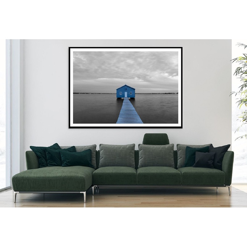 Blue House Over Lake B&W View Photograph Home Decor Premium Quality Poster Print Choose Your Sizes
