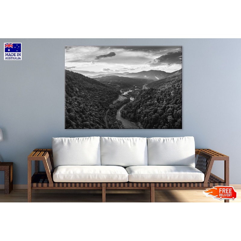 Cloudy Sky & Mountains B&W Aerial Photograph Print 100% Australian Made