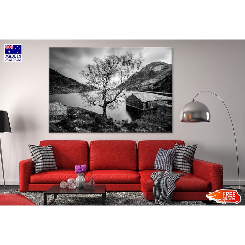 House & Tree near Lake B&W View Photograph Print 100% Australian Made