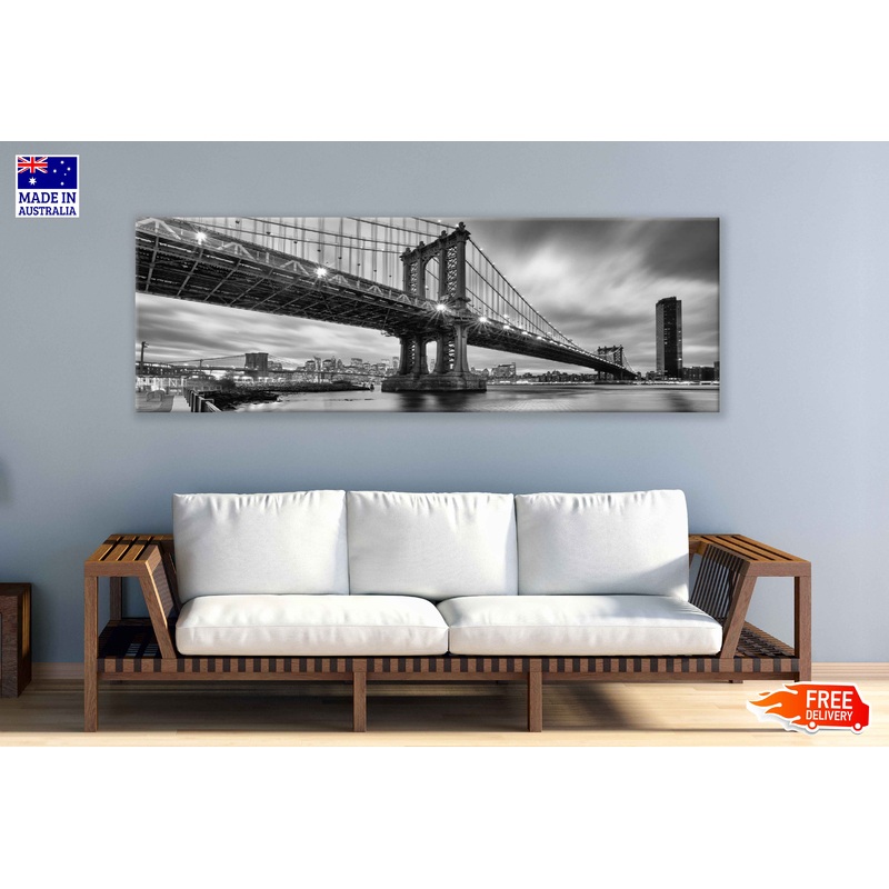 Panoramic Canvas Brooklyn Bridge B&W View Photograph High Quality 100% Australian Made Wall Canvas Print Ready to Hang