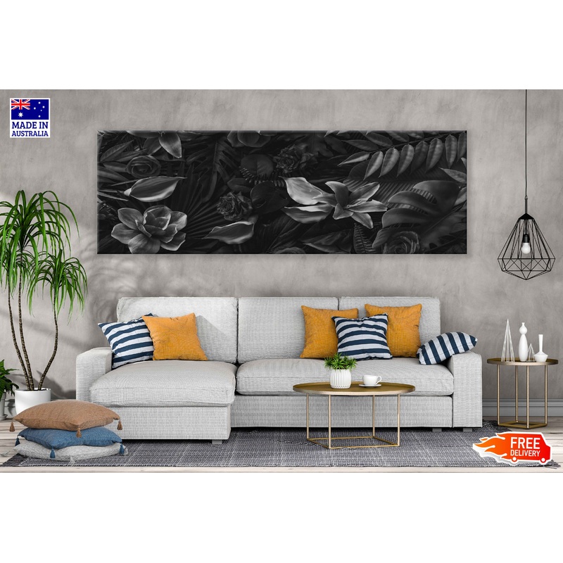Panoramic Canvas Flowers & Leaves B&W View Photograph High Quality 100% Australian Made Wall Canvas Print Ready to Hang