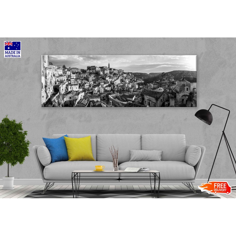 Panoramic Canvas Matera Town B&W View Photograph High Quality 100% Australian Made Wall Canvas Print Ready to Hang
