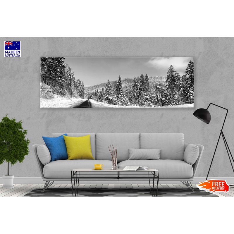 Panoramic Canvas Snow Trees B&W View Photograph High Quality 100% Australian Made Wall Canvas Print Ready to Hang