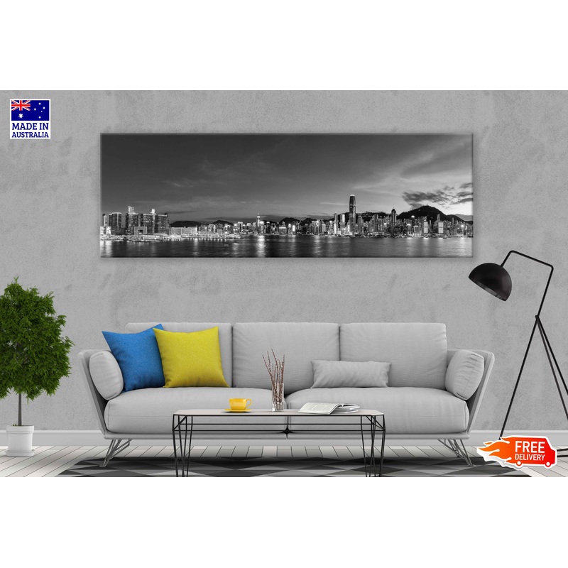 Panoramic Canvas Victoria Harbor B&W View Photograph High Quality 100% Australian Made Wall Canvas Print Ready to Hang