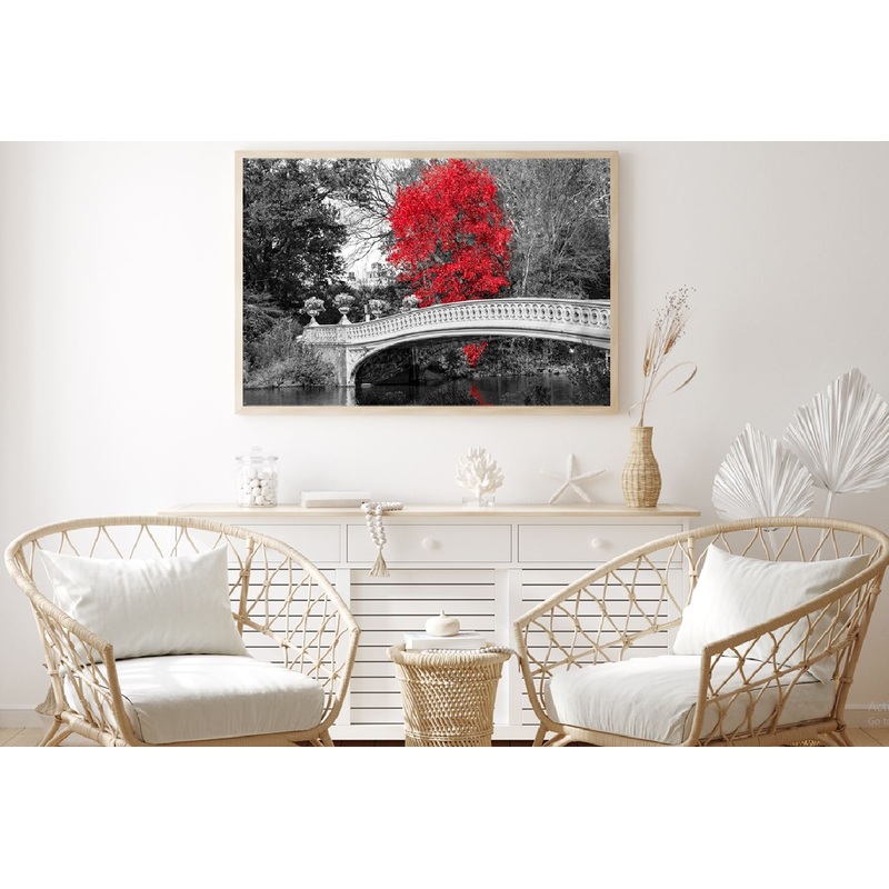 Red Autumn Tree with Bridge B&W Photograph Home Decor Premium Quality Poster Print Choose Your Sizes