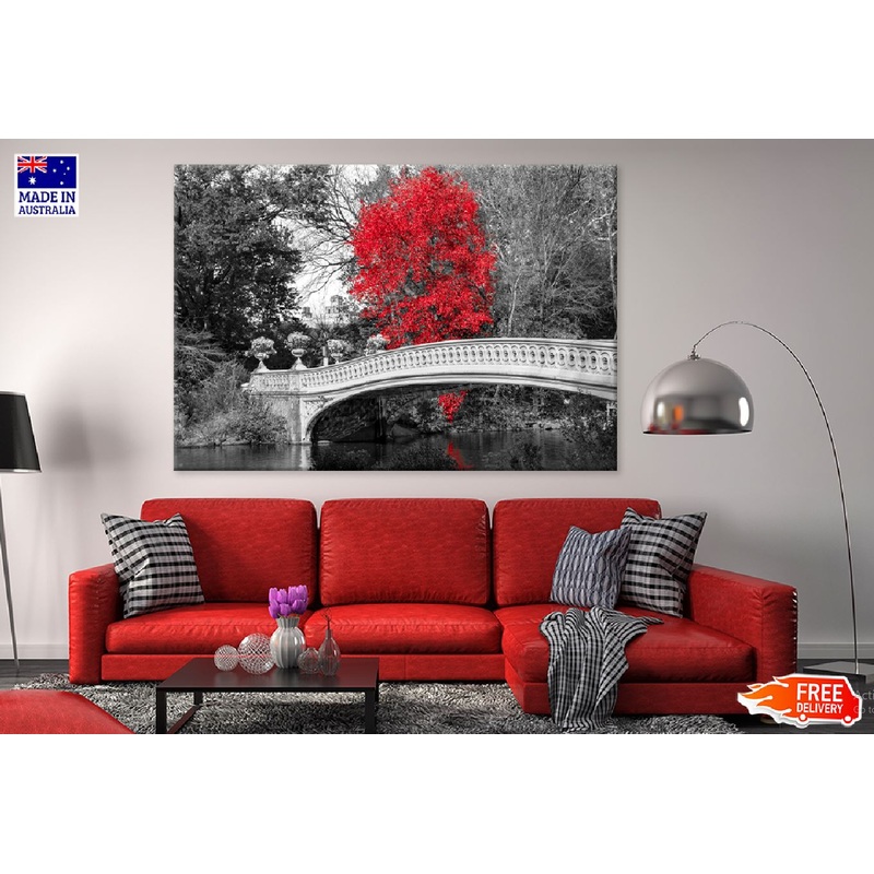 Red Autumn Tree with Bridge B&W Photograph Print 100% Australian Made