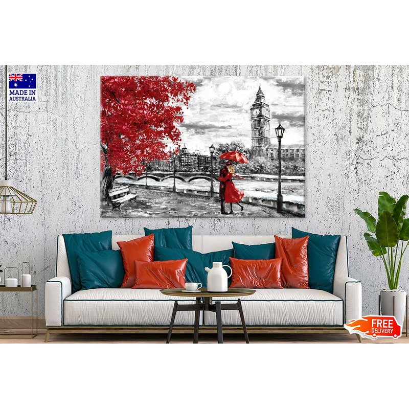 Red Couple near Big Ben B&W Painting Print 100% Australian Made