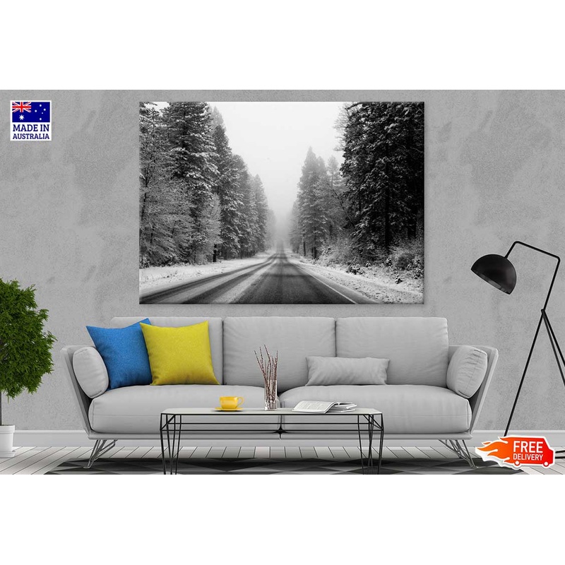 Road Covered with Snow Trees B&W Photograph Print 100% Australian Made