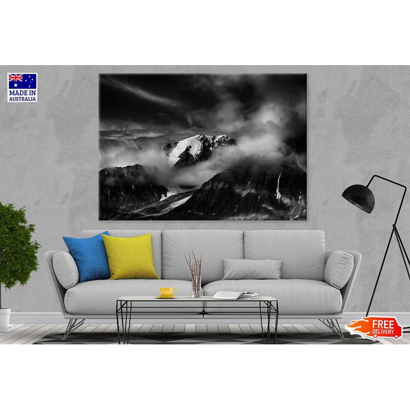 Snowy Mountain with Clouds B&W Photograph Print 100% Australian Made