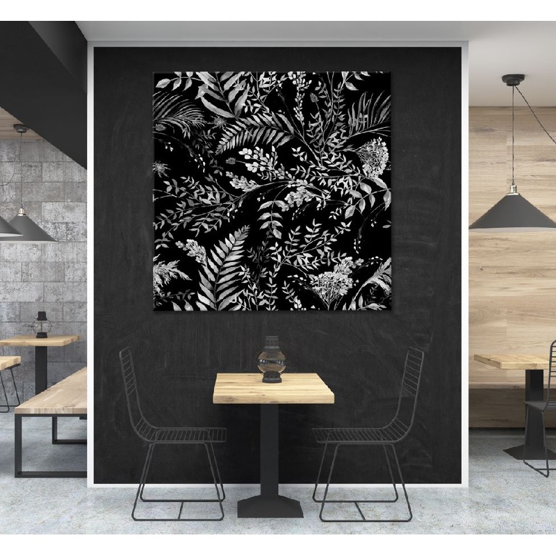 Square Canvas Branches & Fern Leaves B&W Digital Art High Quality Print 100% Australian Made