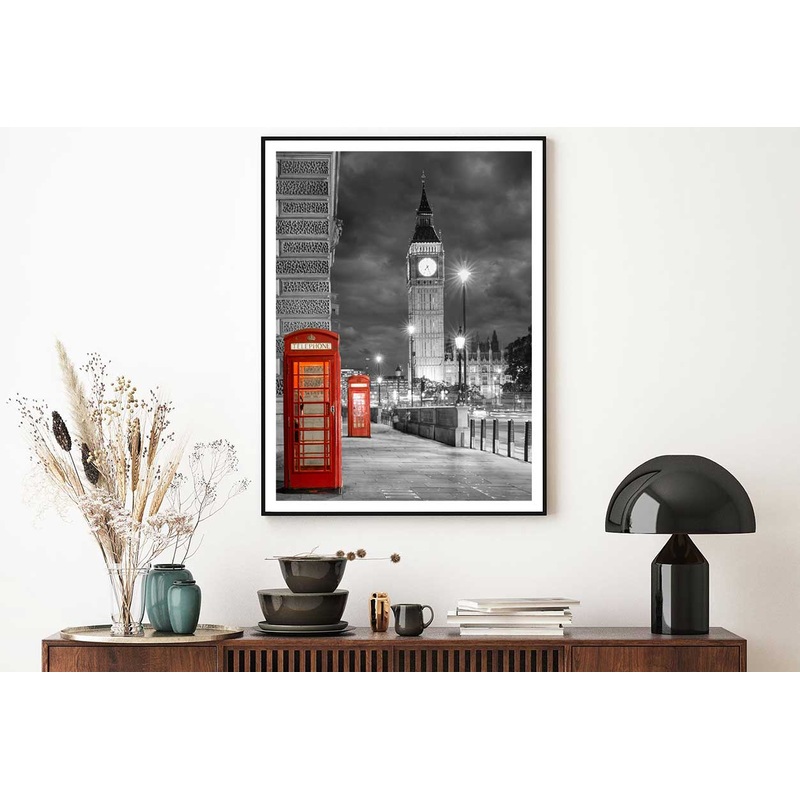 Telephone Booth near Big Ben B&W View Photograph Home Decor Premium Quality Poster Print Choose Your Sizes
