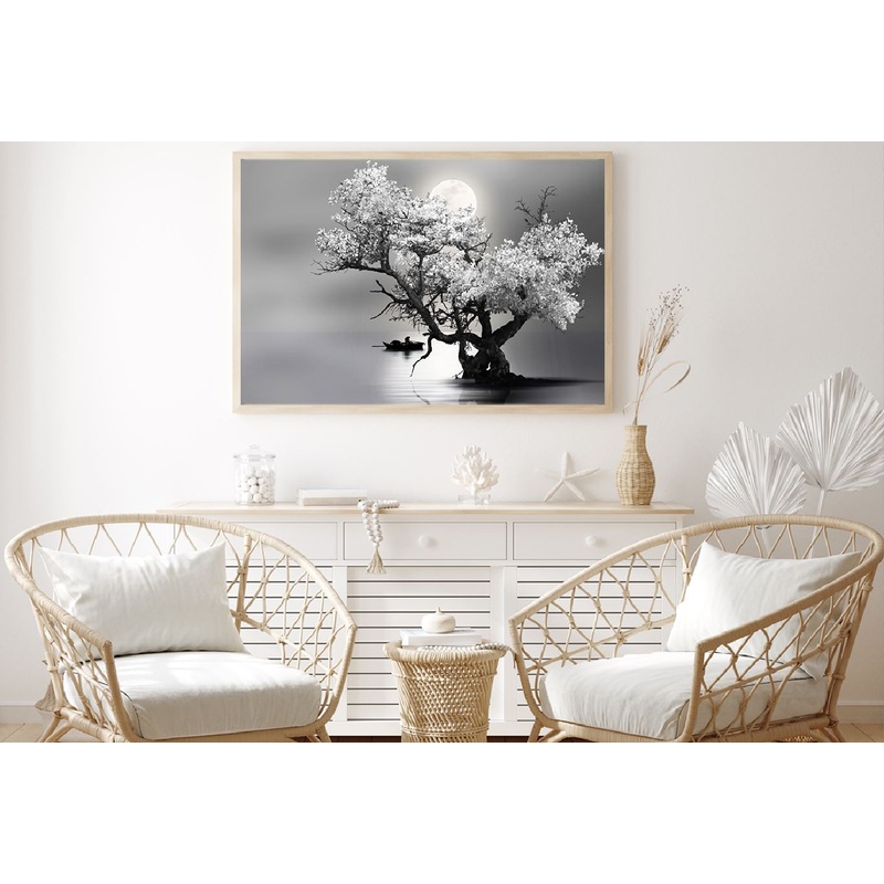 Tree on Lake Full Moon Night B&W Photograph Home Decor Premium Quality Poster Print Choose Your Sizes